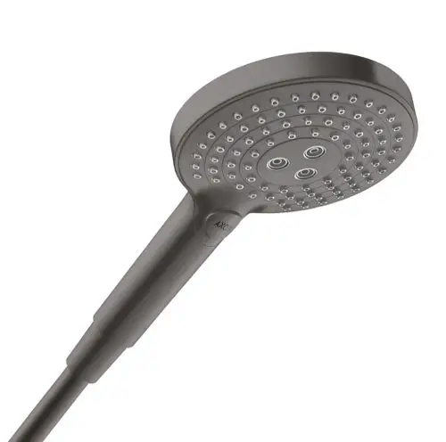 Handbrause von AXOR in gebürstetem Schwarzchrom mit runder Kopfteil und mehreren Düsen für verschiedene Wasserstrahlarten.